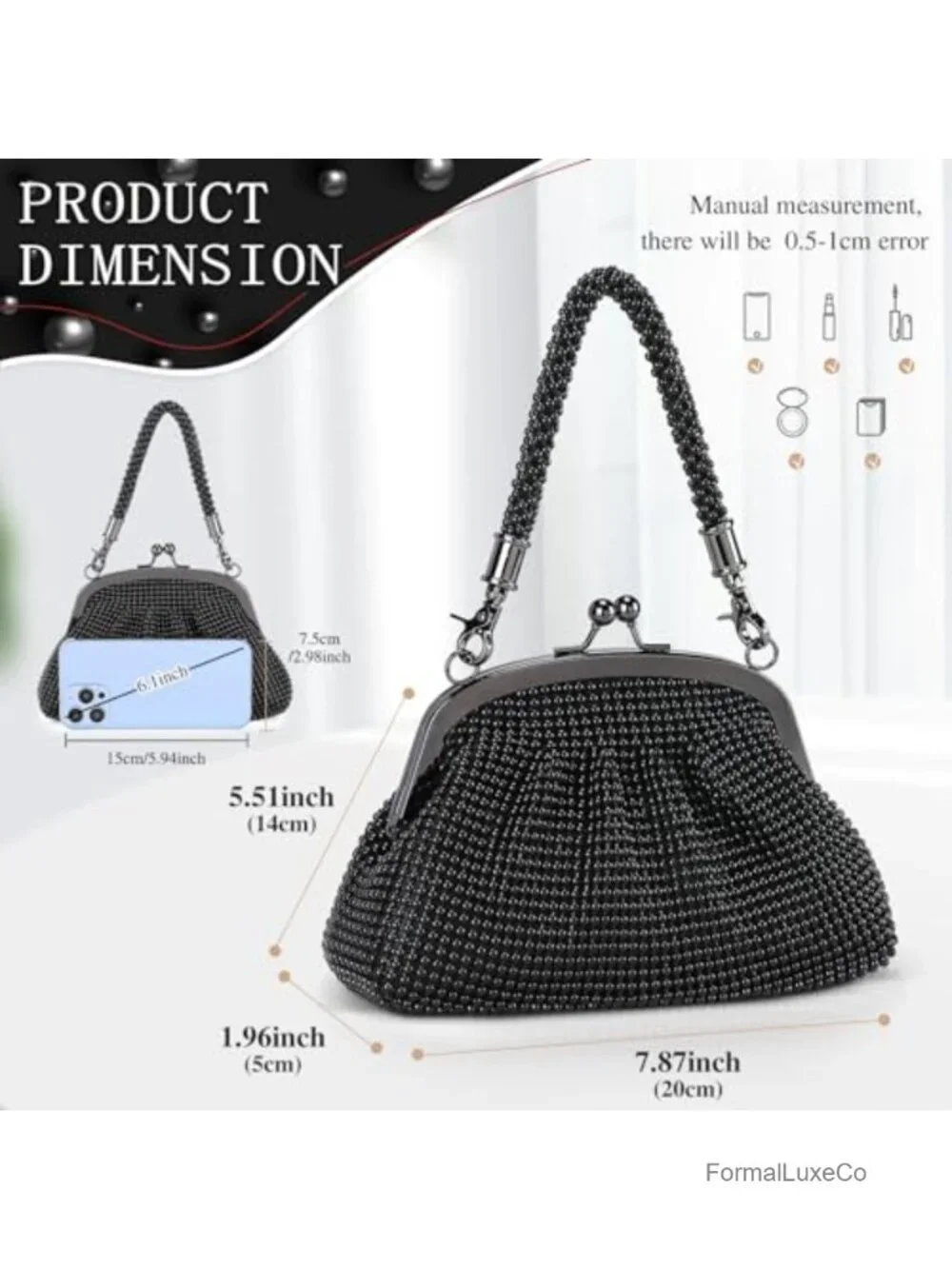Sparkly Rhinestone Evening Clutch with Kiss Lock and Detachable Chains